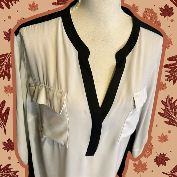 Lane Bryant Black & White Popover Roll-Tab Sleeve Blouse w/ Breast Pockets 26/28 - Picture 4 of 12